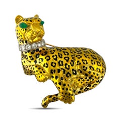 Vintage 18K Yellow Gold Leopard 0.54ct Diamond Collar and Emerald Eyes Brooch