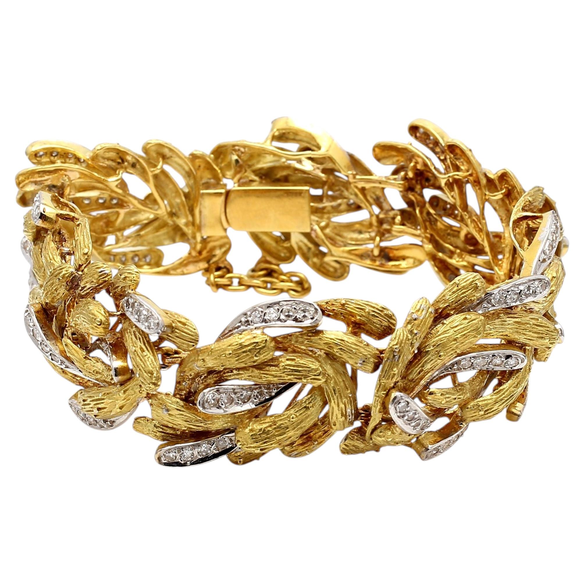 Bracciale vintage a maglie in oro giallo 18 carati con diamanti rotondi da 2 carati, qualità H-SI