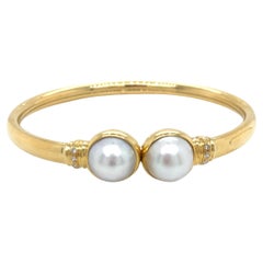 Retro 18k Yellow Gold Mabe Pearl and Diamond Bangle Bracelet
