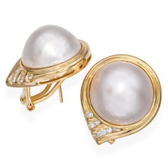 Vintage 18k Yellow Gold Mabe Pearl and Diamond Statement Earrings