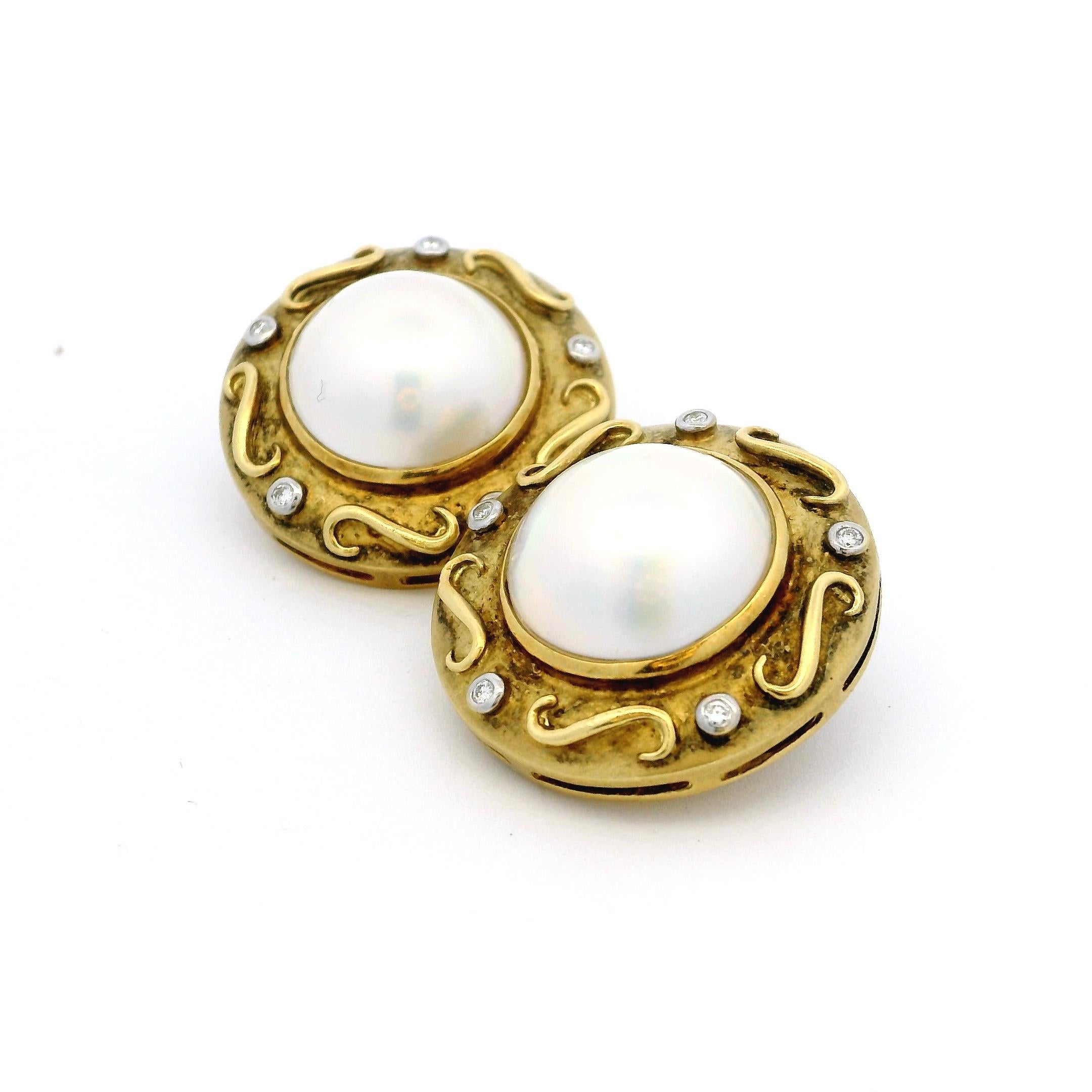 Vintage 18K Gelbgold Mabe Perle & Diamant Clip-On Ohrringe  Neoetruskisch im Angebot 7