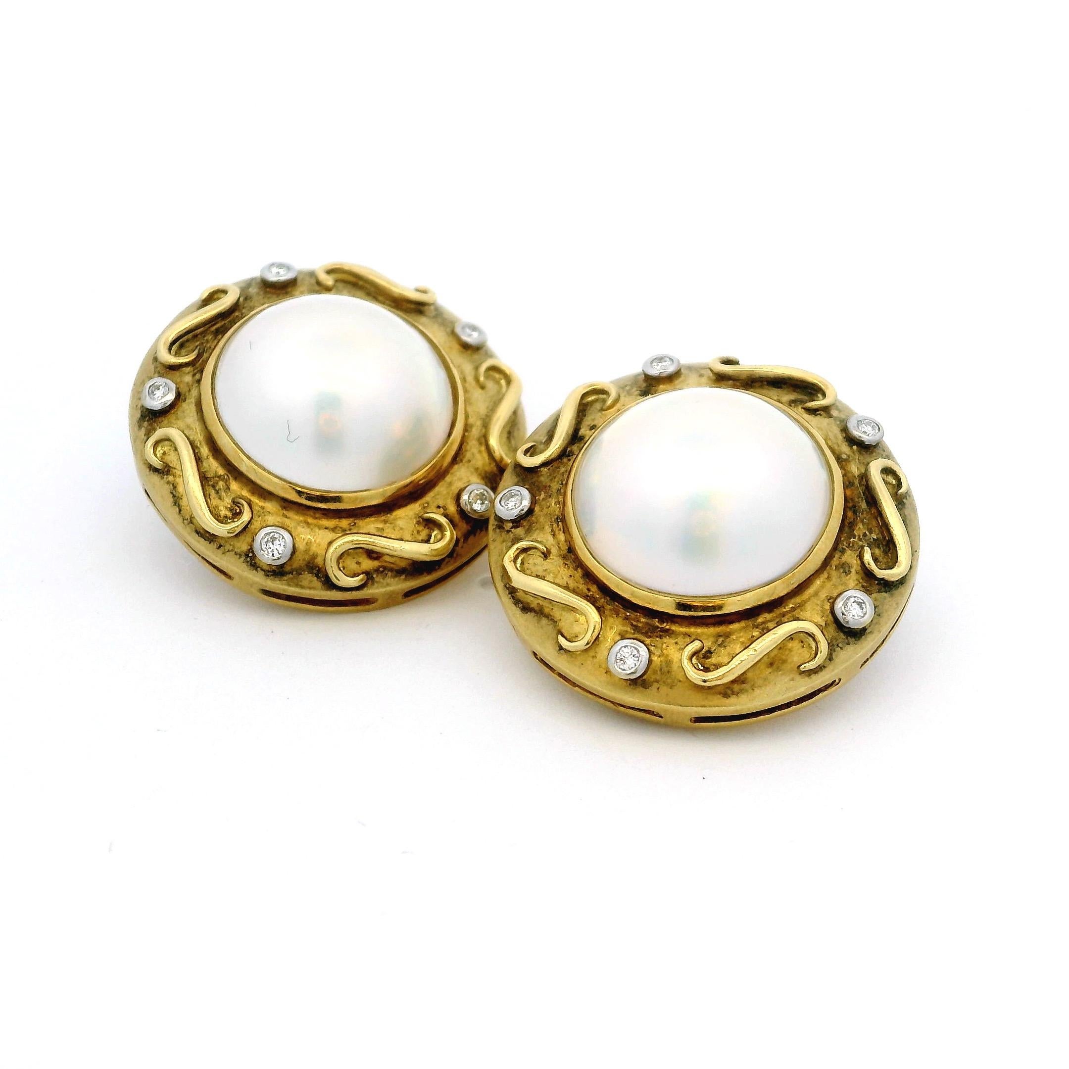 Vintage 18K Gelbgold Mabe Perle & Diamant Clip-On Ohrringe  Neoetruskisch im Angebot 8
