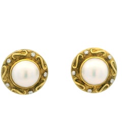 Vintage 18K Yellow Gold Mabe Pearl & Diamond Clip-On Earrings  Etruscan Revival