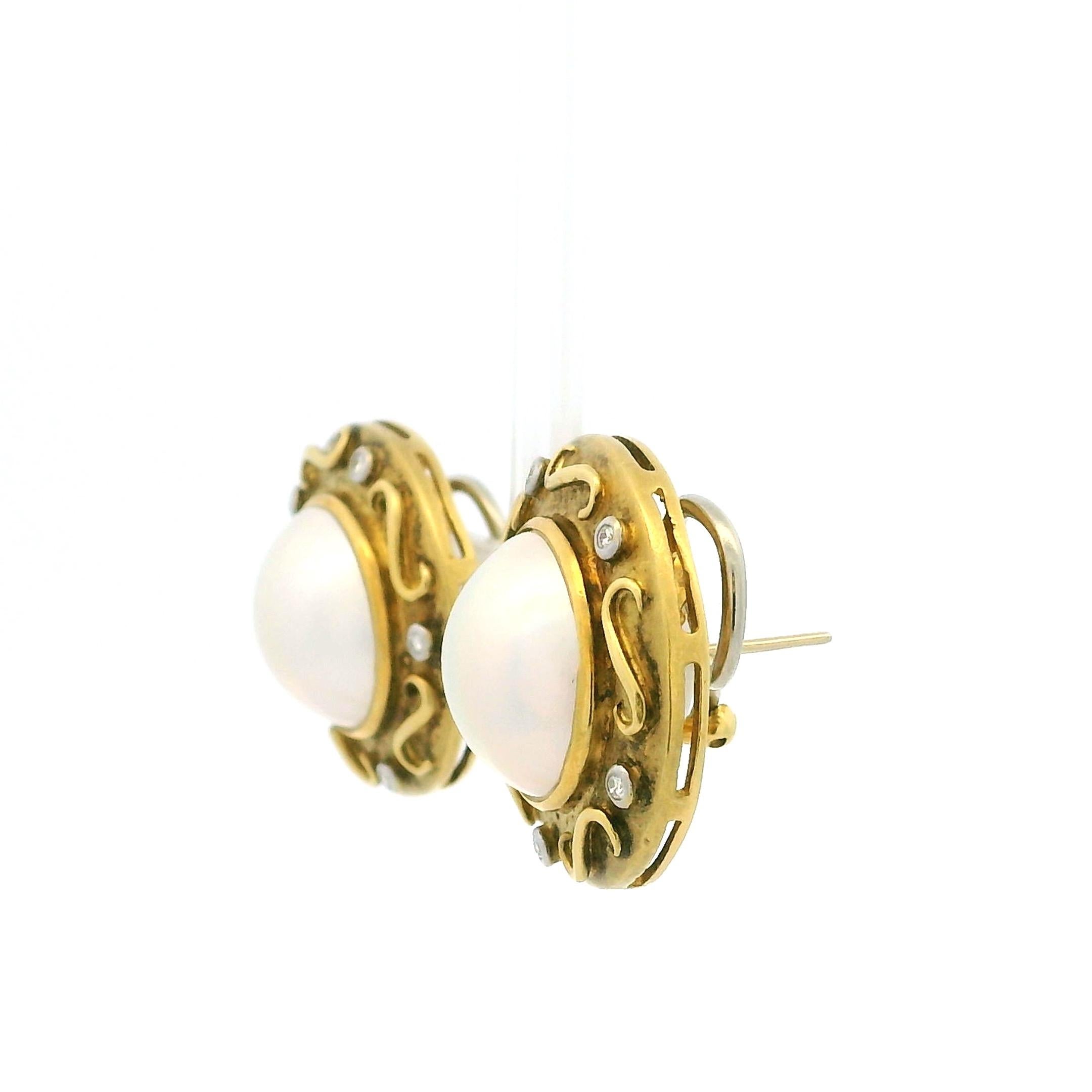 Vintage 18K Gelbgold Mabe Perle & Diamant Clip-On Ohrringe  Neoetruskisch im Angebot 1