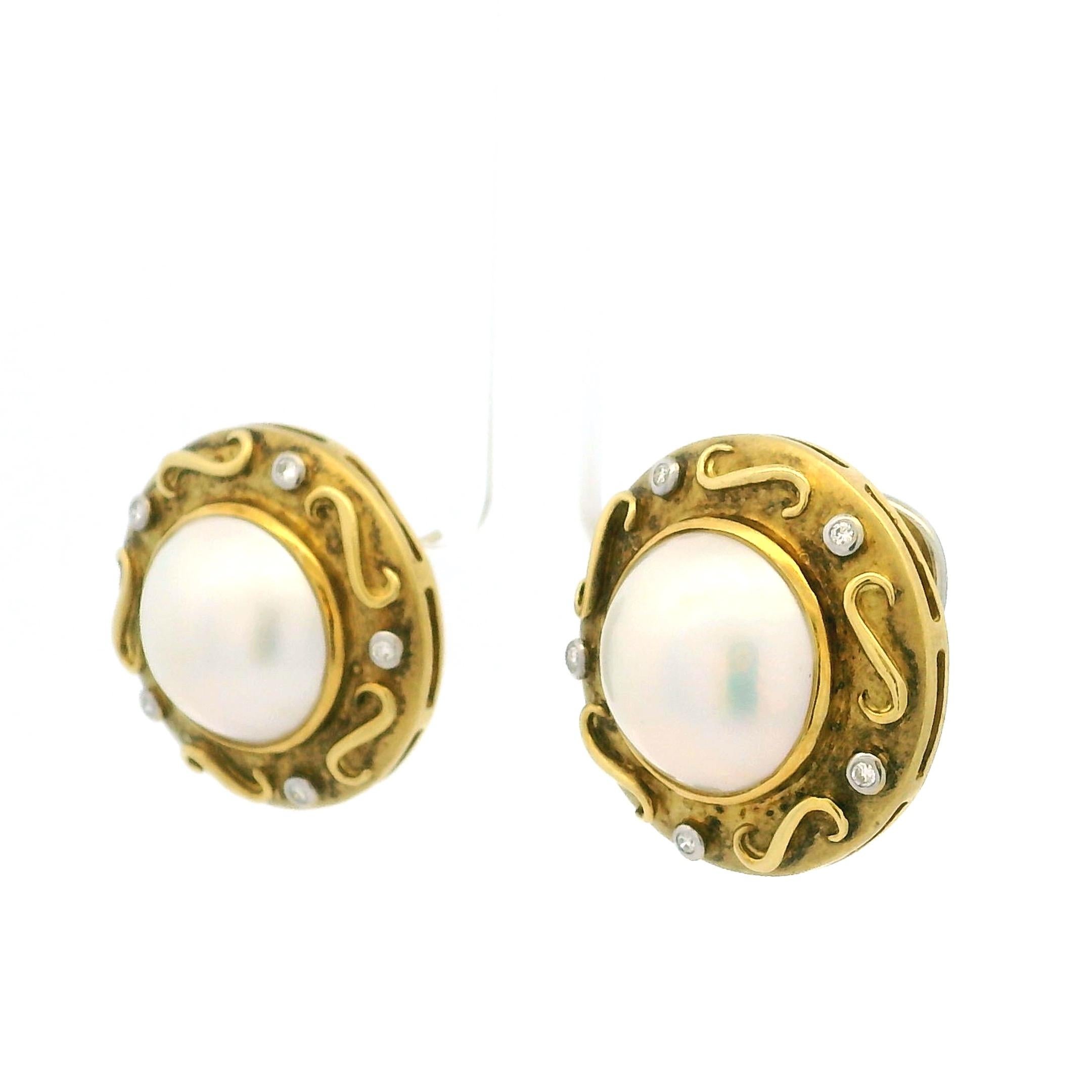 Vintage 18K Gelbgold Mabe Perle & Diamant Clip-On Ohrringe  Neoetruskisch im Angebot 2