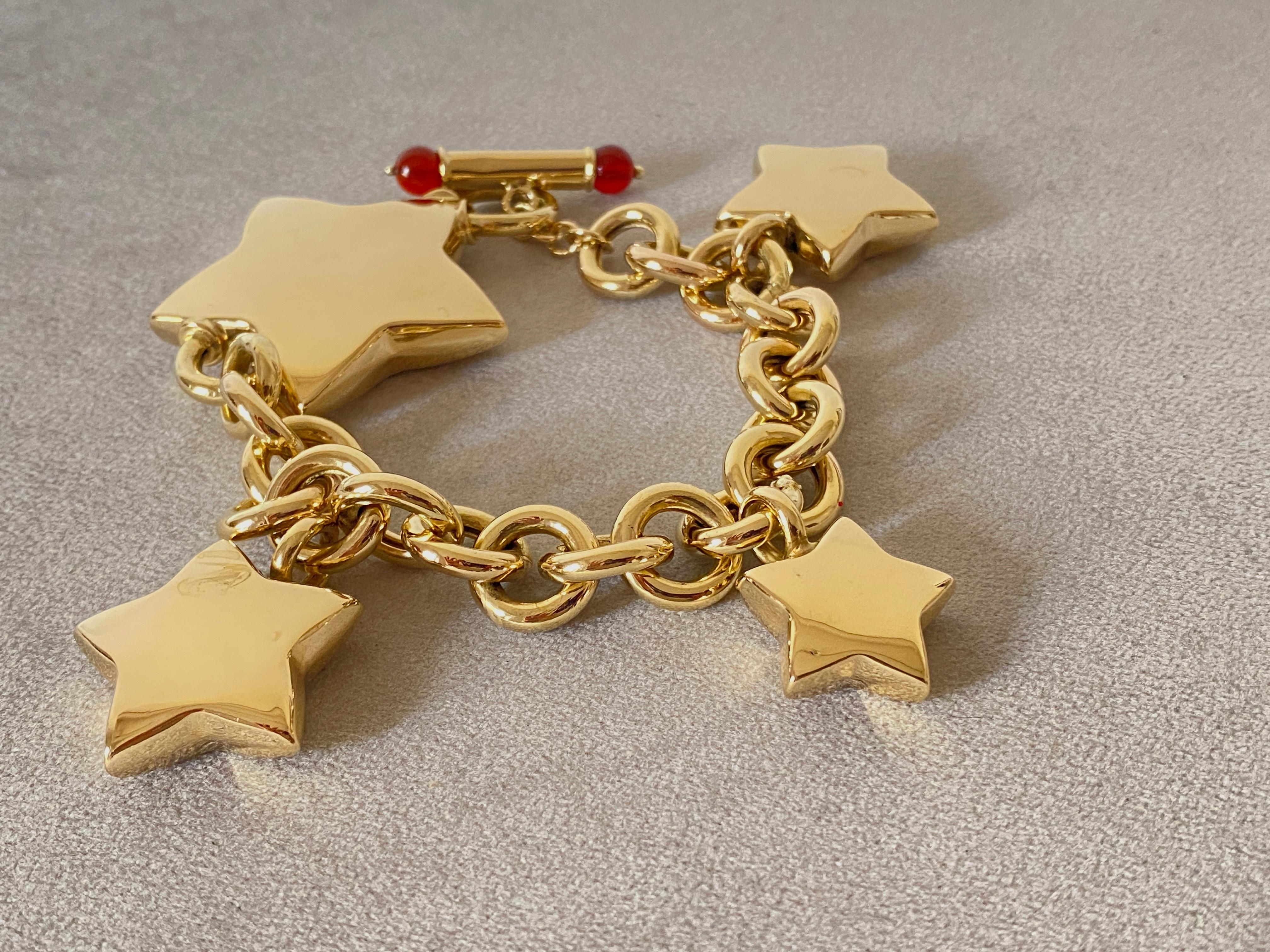 Vintage 18k Yellow Gold Made in Italy Stars Carnelian Beads Chain Bold Bracelet For Sale 4