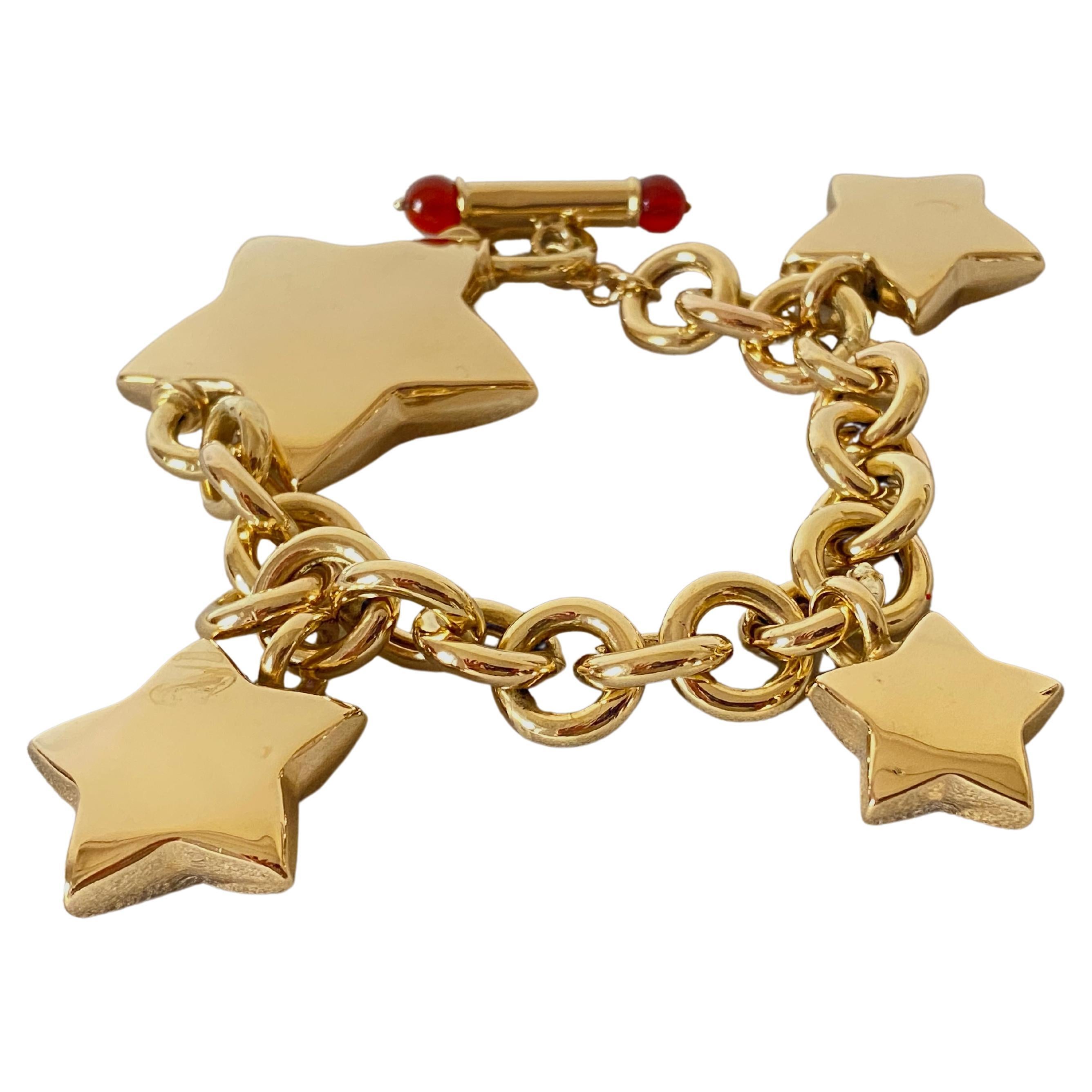 Vintage 18k Yellow Gold Made in Italy Stars Carnelian Beads Chain Bold Bracelet For Sale