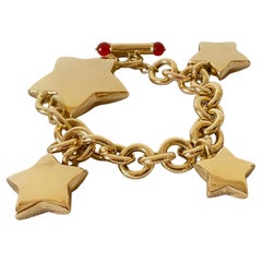 Retro 18k Yellow Gold Made in Italy Stars Carnelian Beads Chain Bold Bracelet