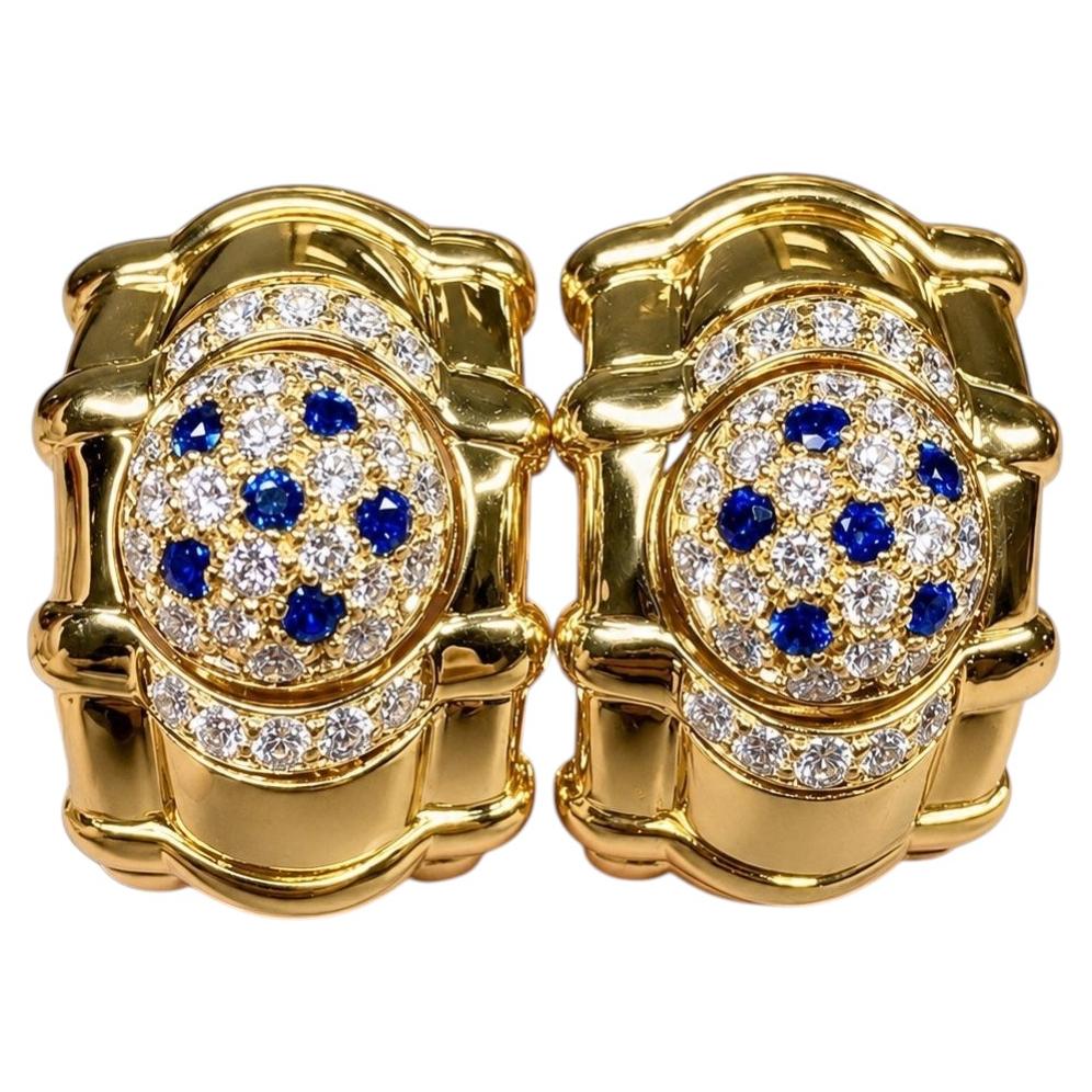 Vintage 18K Yellow Gold Maison Piaget Diamond Sapphire Huggie Earrings Ca. 1992 For Sale