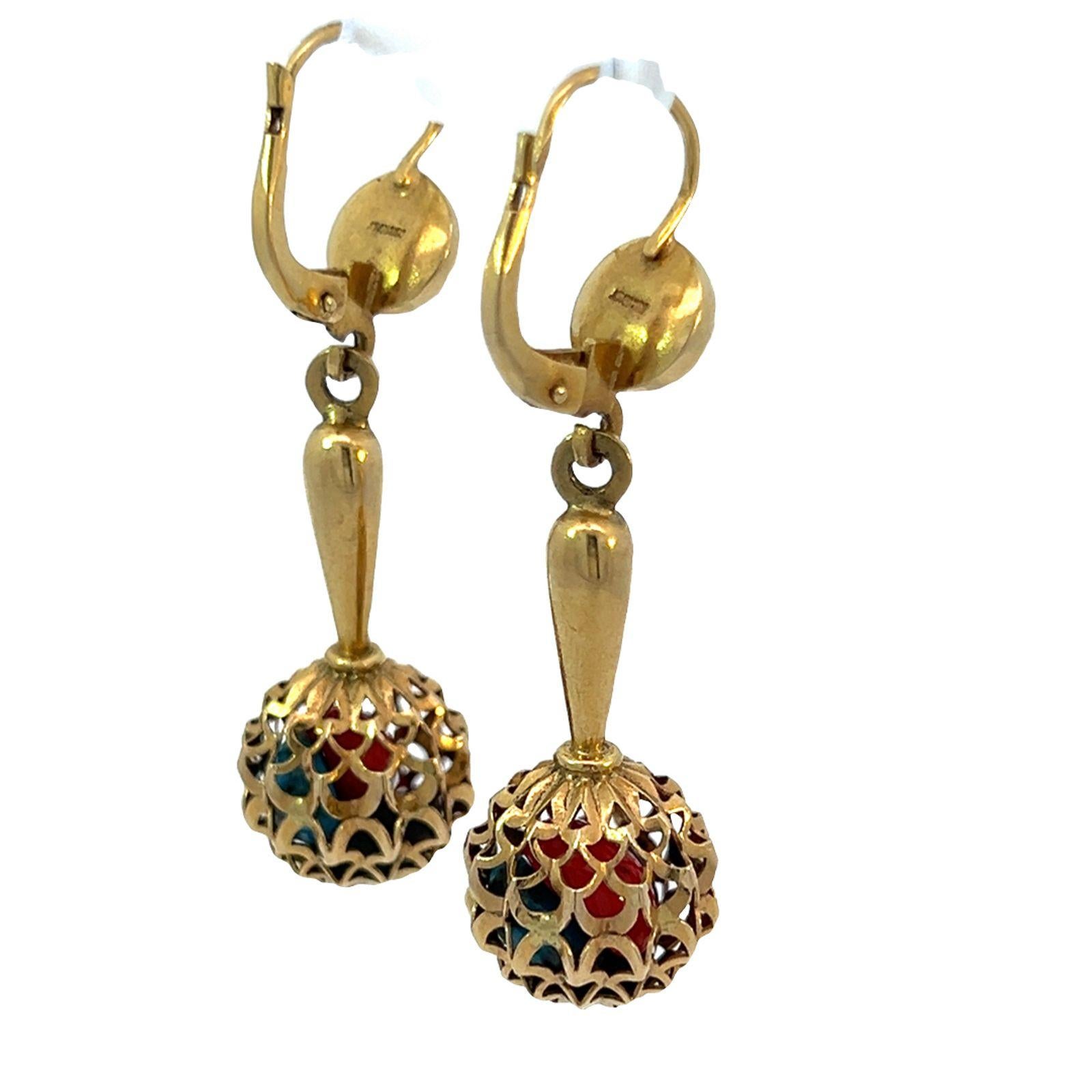 Vintage 18k yellow gold Italy retro drop dangle earrings with multi-colored stones inside. The earring design is similar to maracas. The maracas have colored stones inside them giving them that maraca shake. Inside the decorative gold fillagree