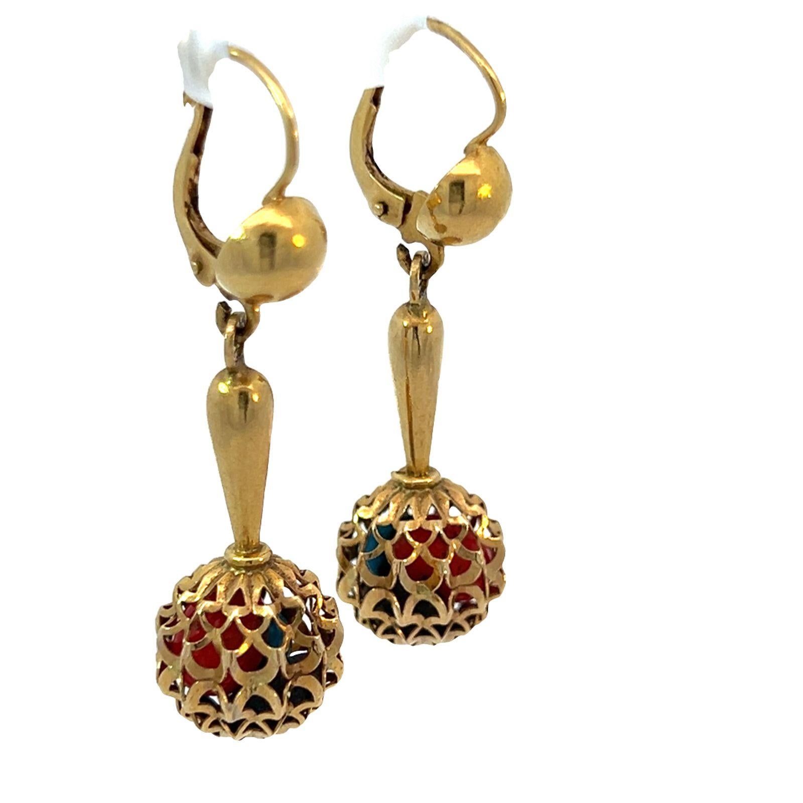Vintage 18k Yellow Gold Maraca Dangle Earrings, Italy In Excellent Condition In Beverly Hills, CA