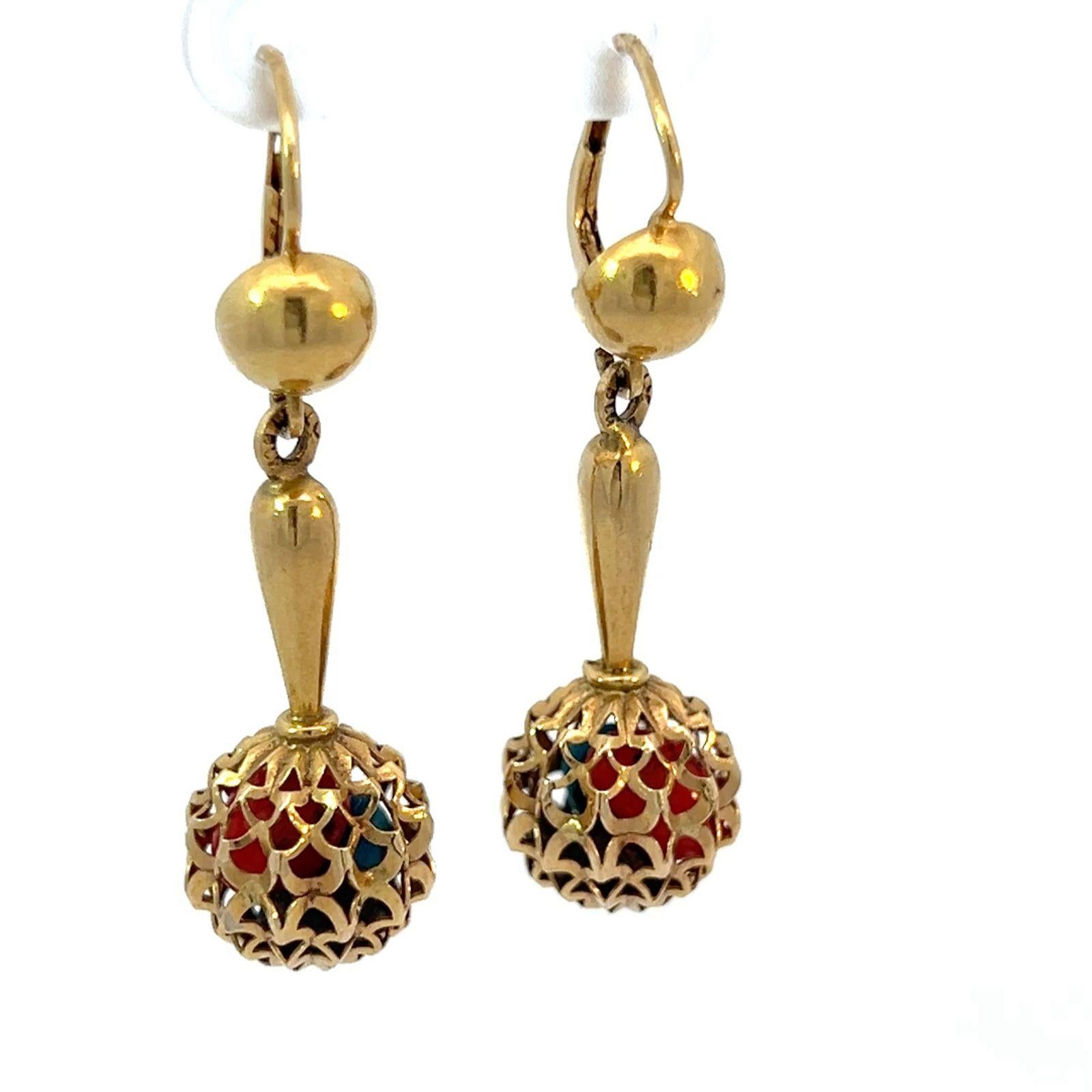 Women's or Men's Vintage 18k Yellow Gold Maraca Dangle Earrings, Italy