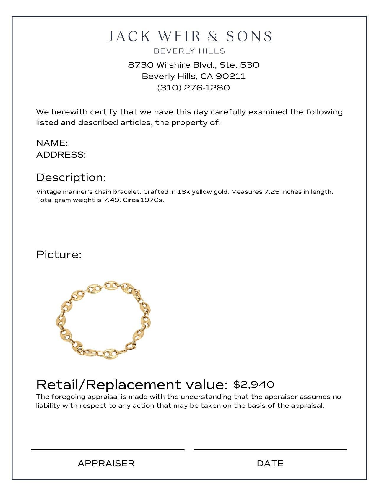 Women's or Men's Vintage 18k yellow gold mariners chain bracelet
