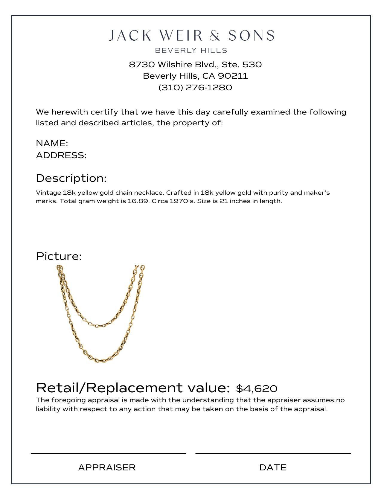 Women's or Men's Vintage 18k yellow gold mariners chain necklace