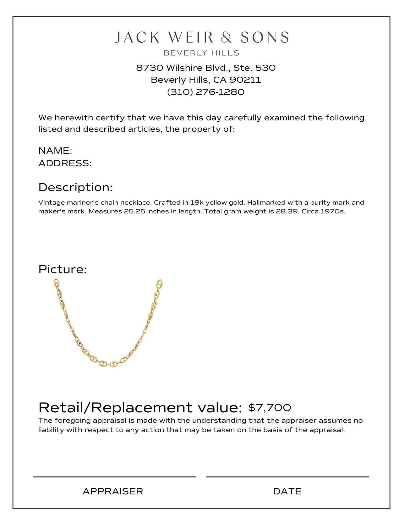 Women's or Men's Vintage 18k yellow gold mariners chain necklace