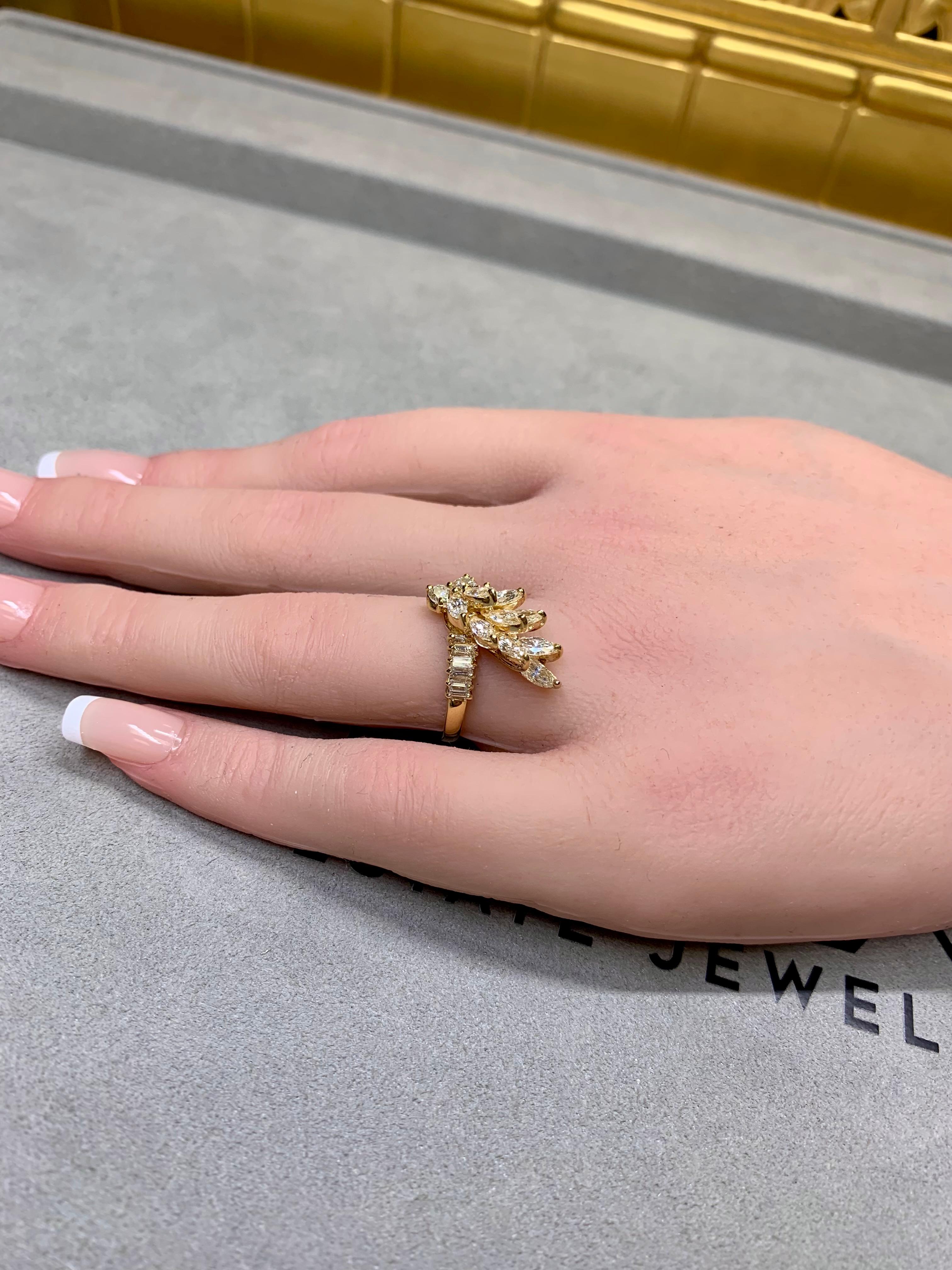 Vintage 18K Yellow Gold Marquise Baguette Round Diamond Spray Cocktail Ring For Sale 4