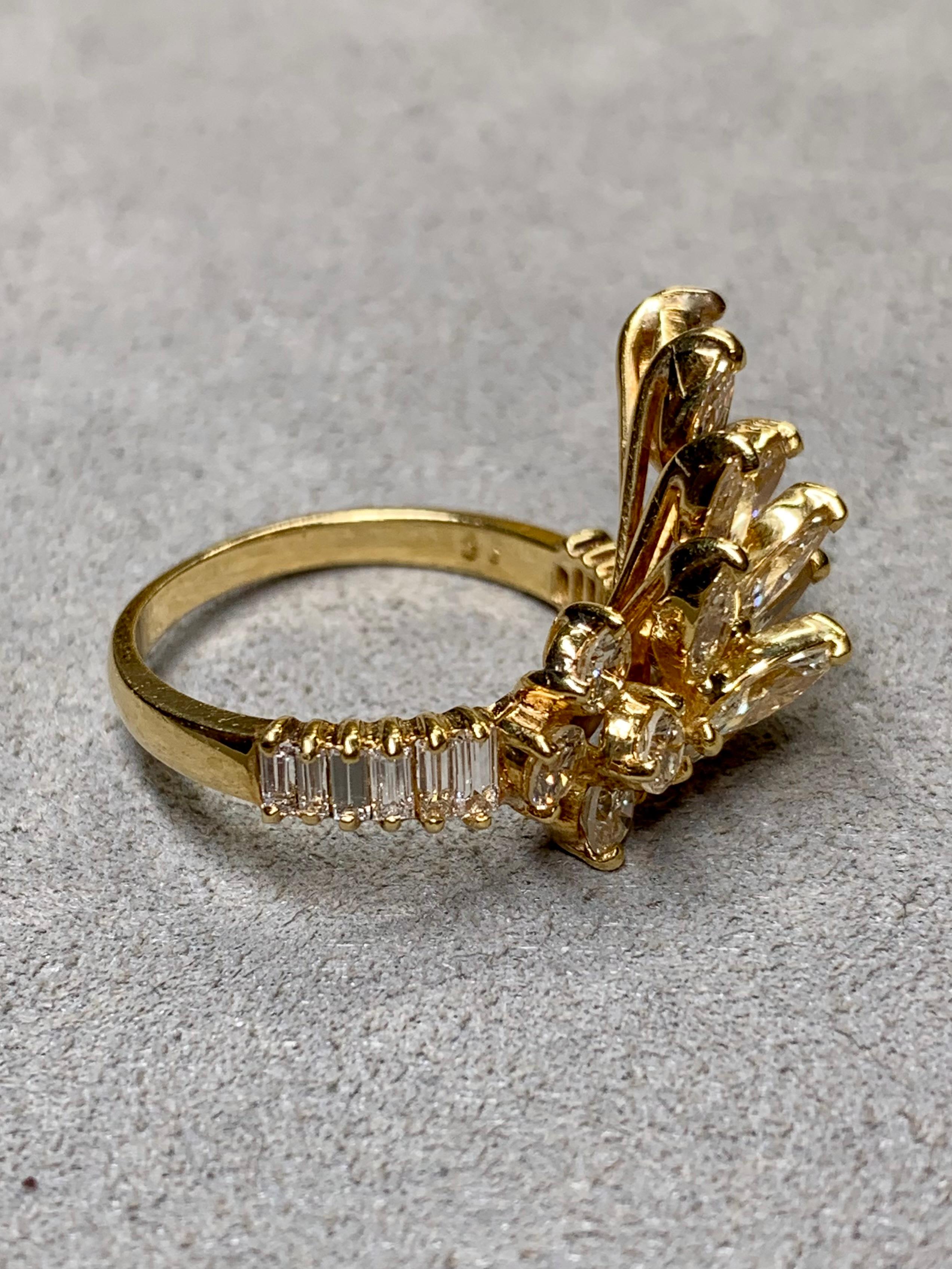 Retro Vintage 18K Yellow Gold Marquise Baguette Round Diamond Spray Cocktail Ring For Sale