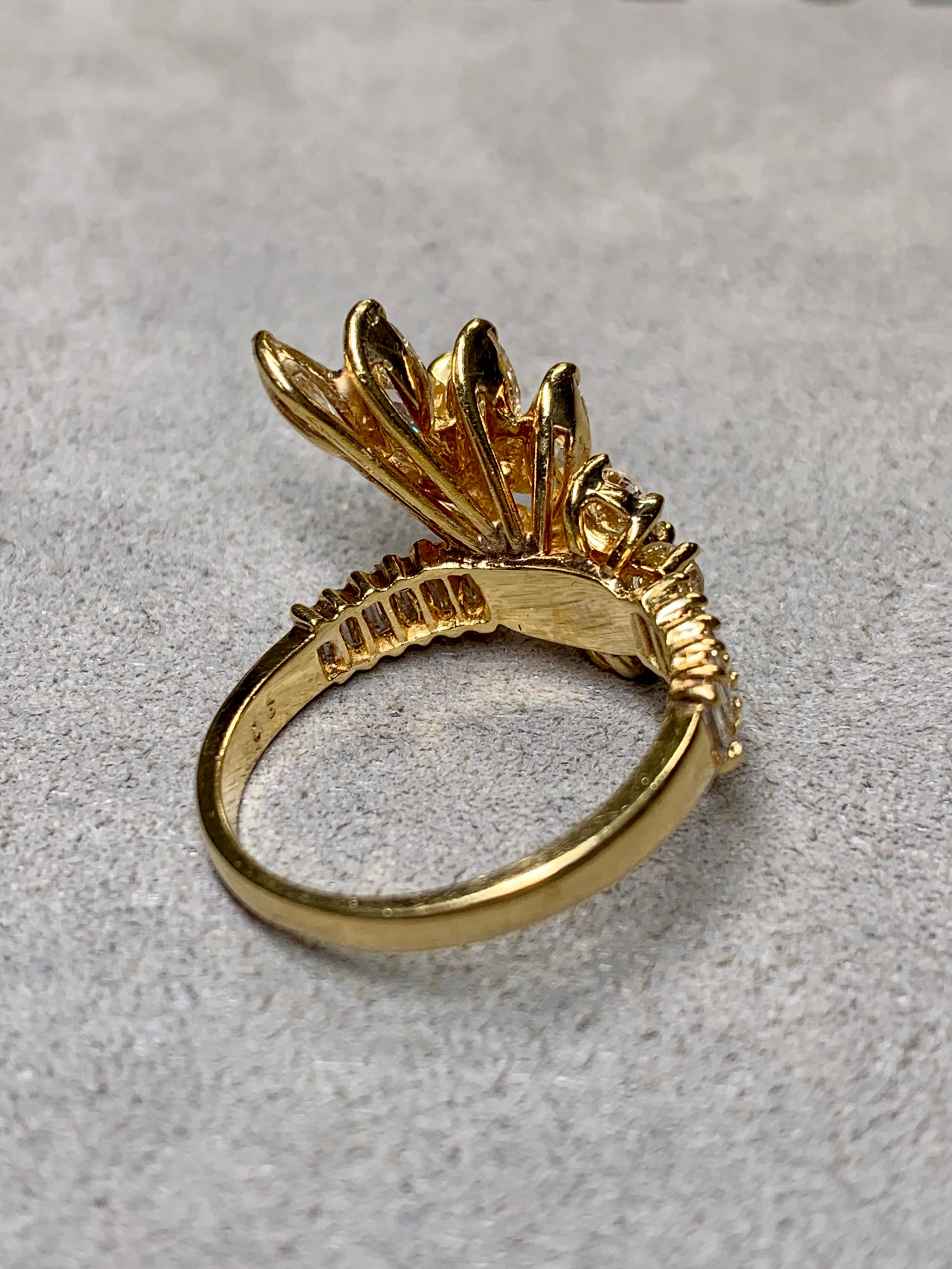 Marquise Cut Vintage 18K Yellow Gold Marquise Baguette Round Diamond Spray Cocktail Ring For Sale