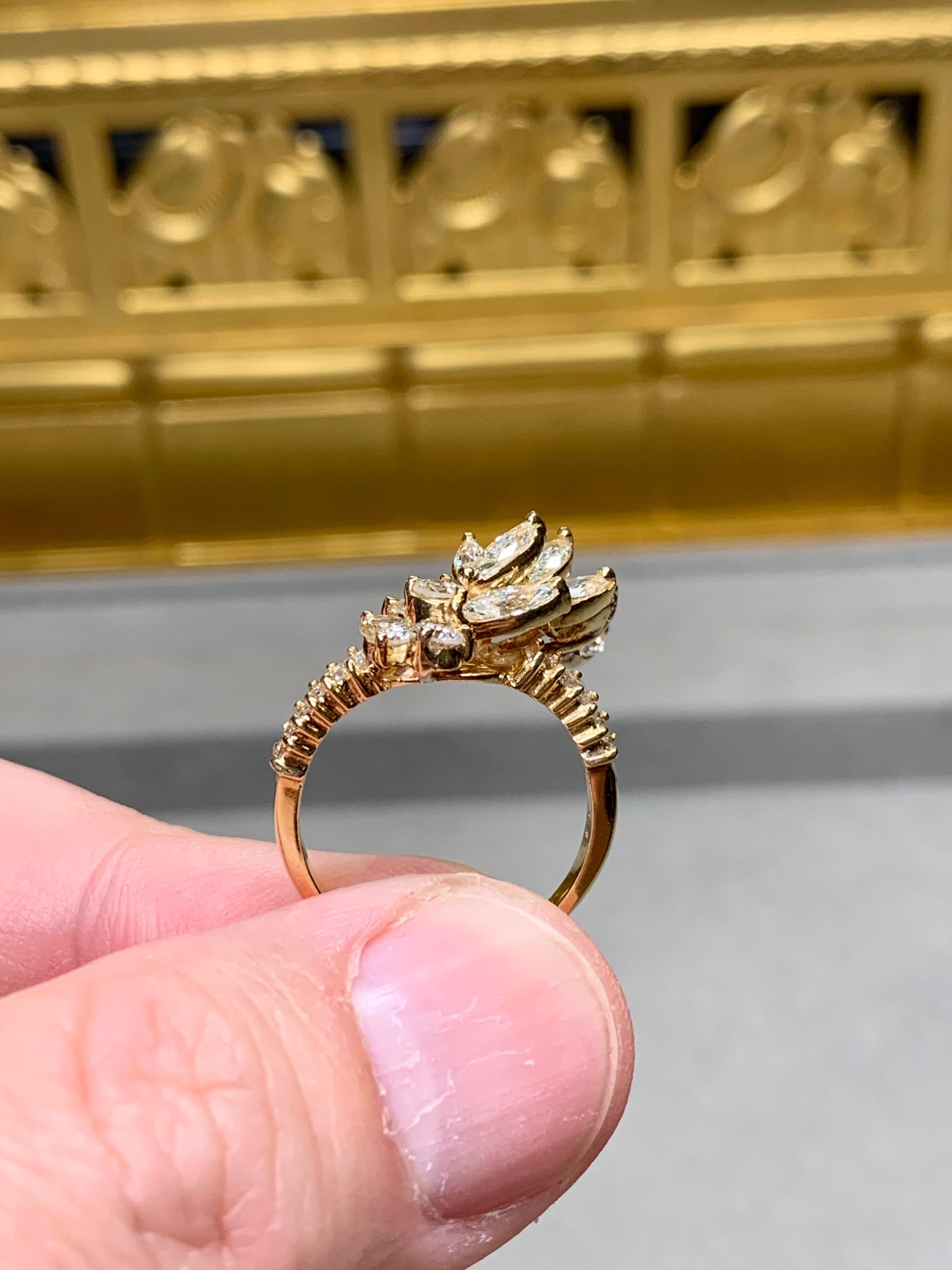 Vintage 18K Yellow Gold Marquise Baguette Round Diamond Spray Cocktail Ring For Sale 1