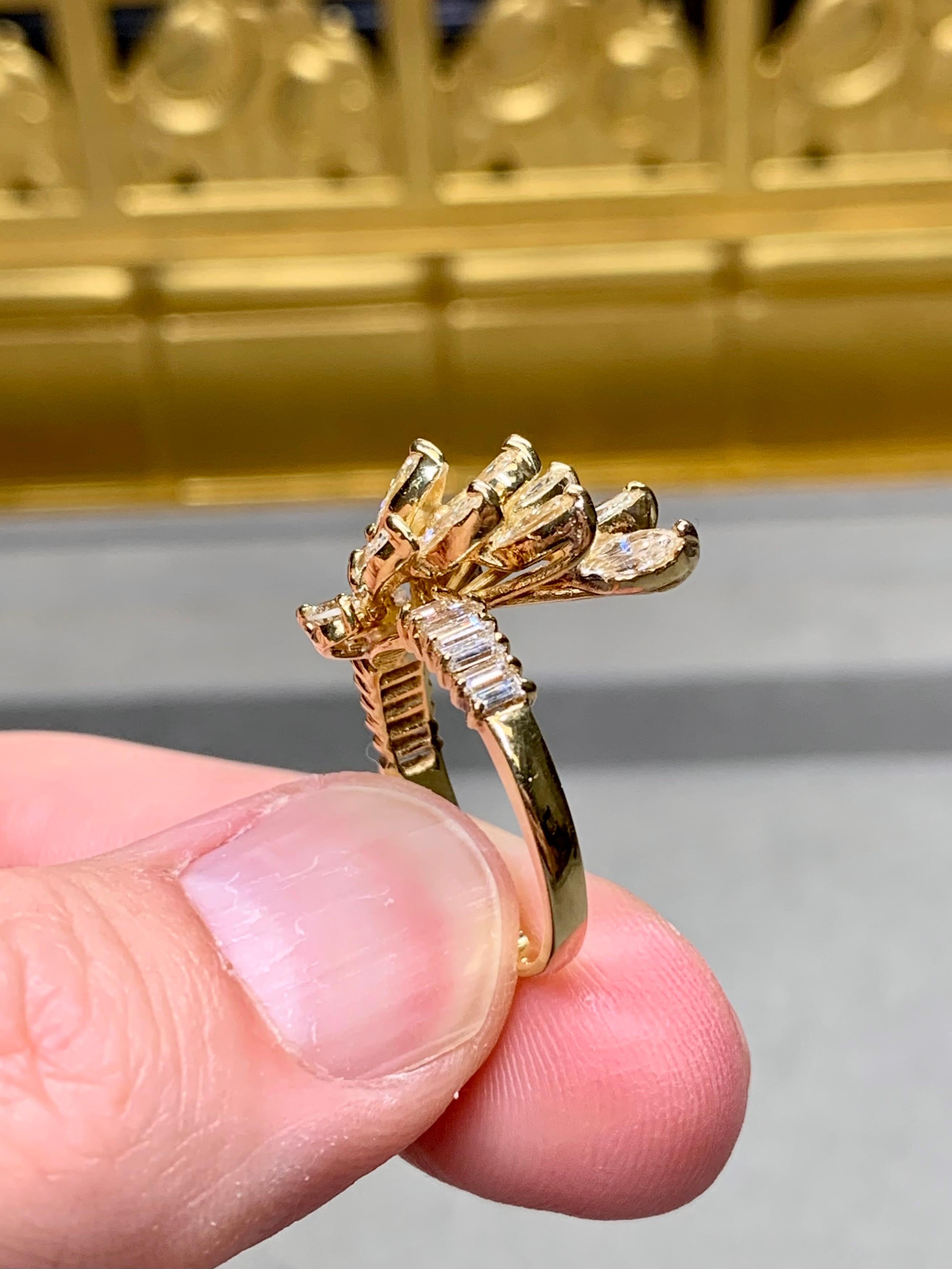 Vintage 18K Yellow Gold Marquise Baguette Round Diamond Spray Cocktail Ring For Sale 2