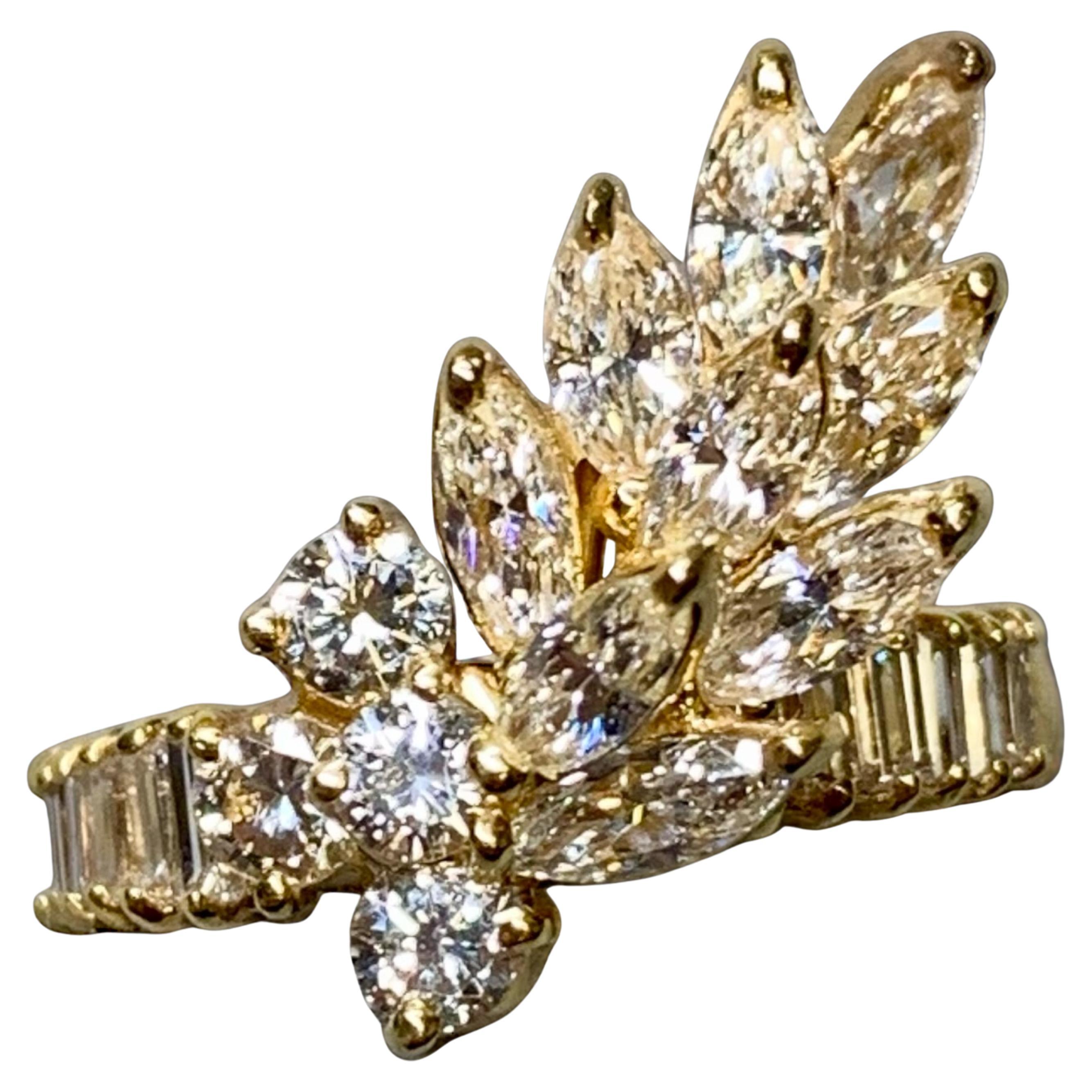 Vintage 18K Yellow Gold Marquise Baguette Round Diamond Spray Cocktail Ring