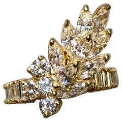 Vintage 18K Yellow Gold Marquise Baguette Round Diamond Spray Cocktail Ring