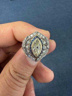 Vintage 18K Yellow Gold Marquise Diamond, Sapphire & Diamond Dome Ring