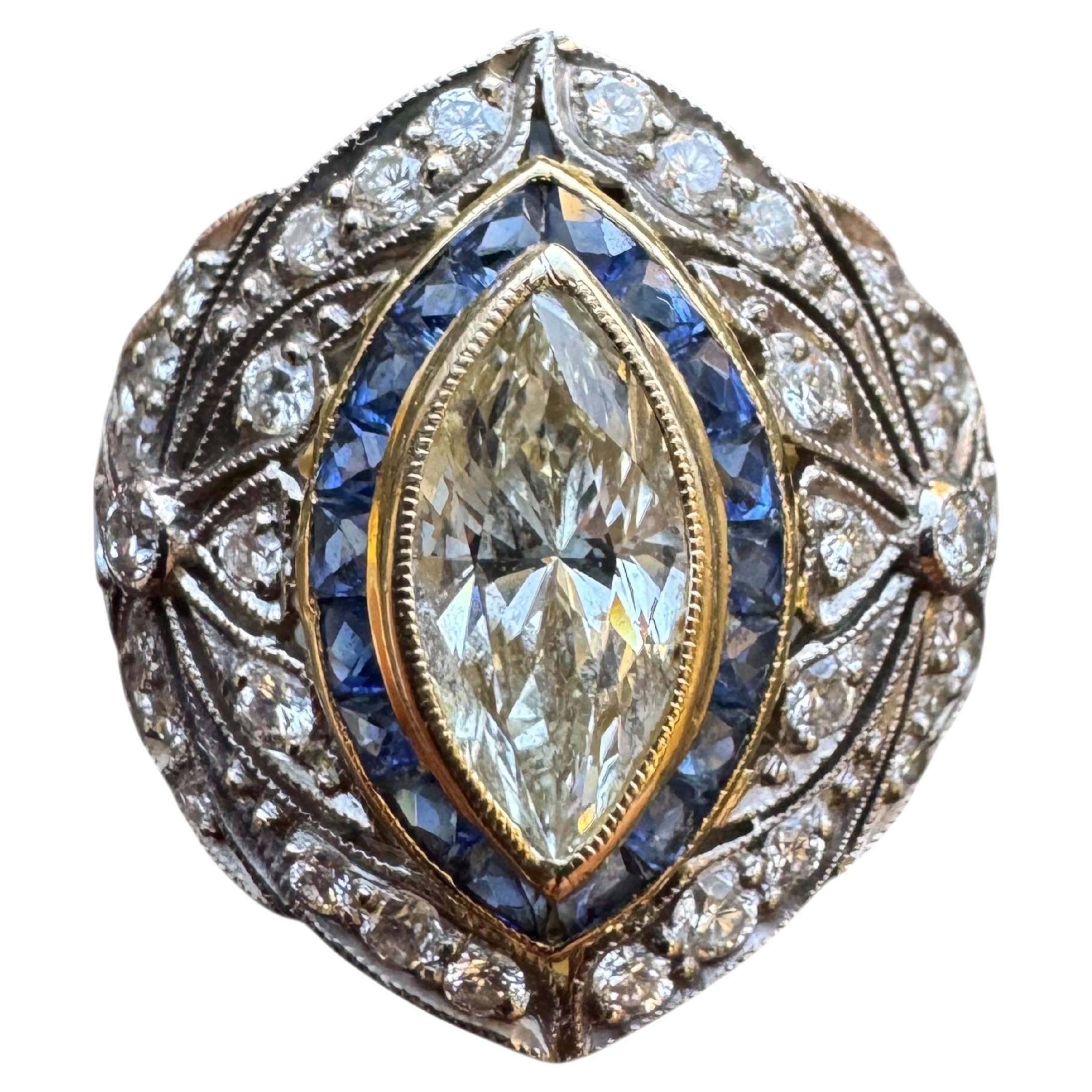 Vintage 18K Gelbgold Marquise Diamant, Saphir 
Diamant Kuppel Ring im Angebot