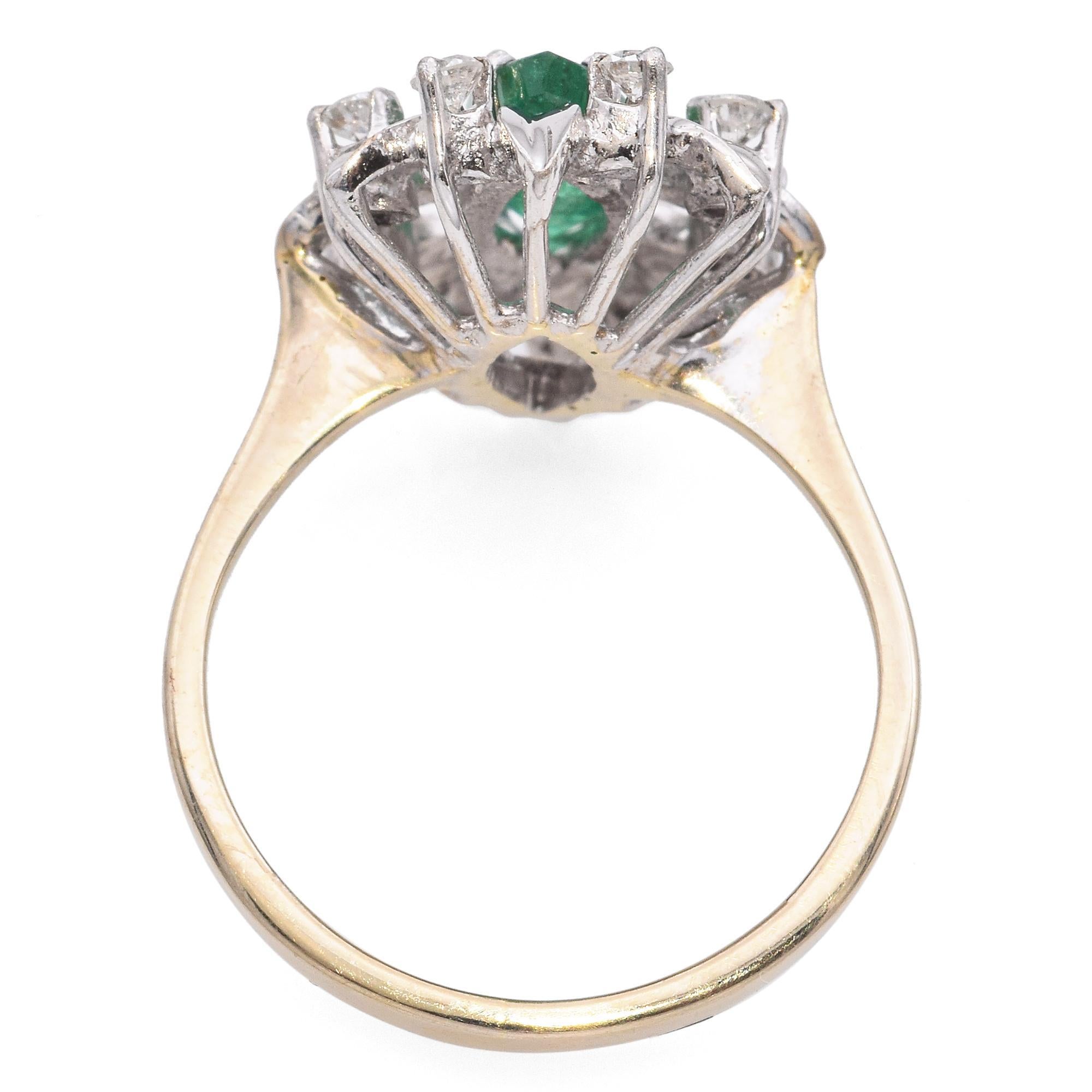 Women's Vintage 18k Yellow Gold Marquise Emerald Diamond Ring For Sale
