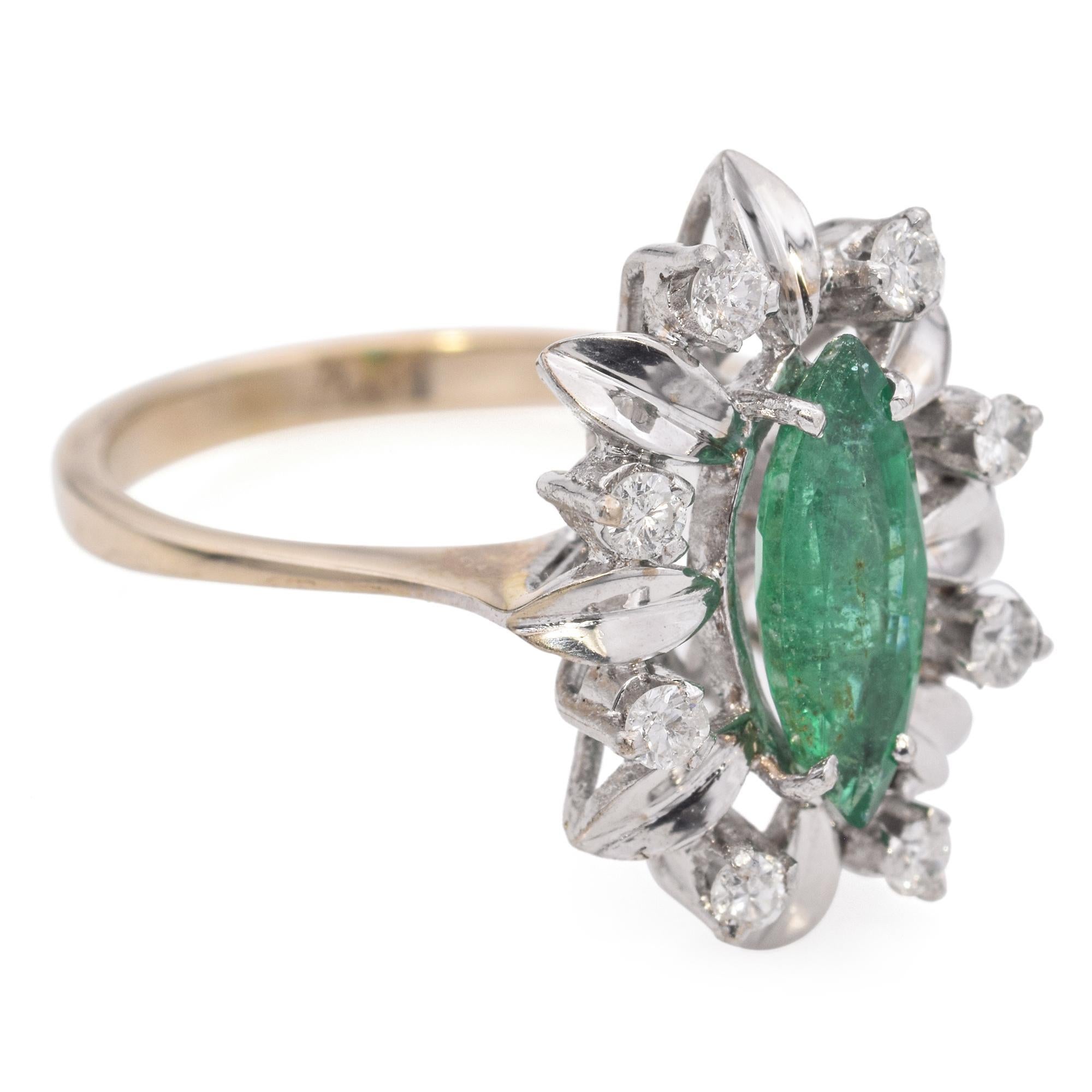 Vintage 18k Yellow Gold Marquise Emerald Diamond Ring For Sale 1