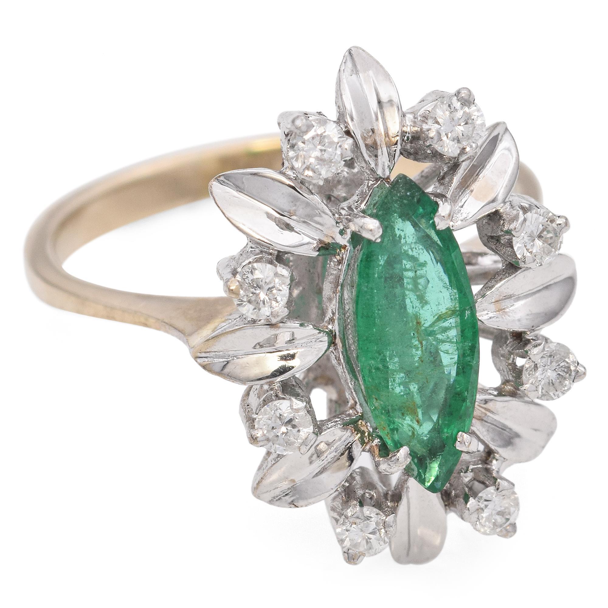 Vintage 18k Yellow Gold Marquise Emerald Diamond Ring For Sale 2