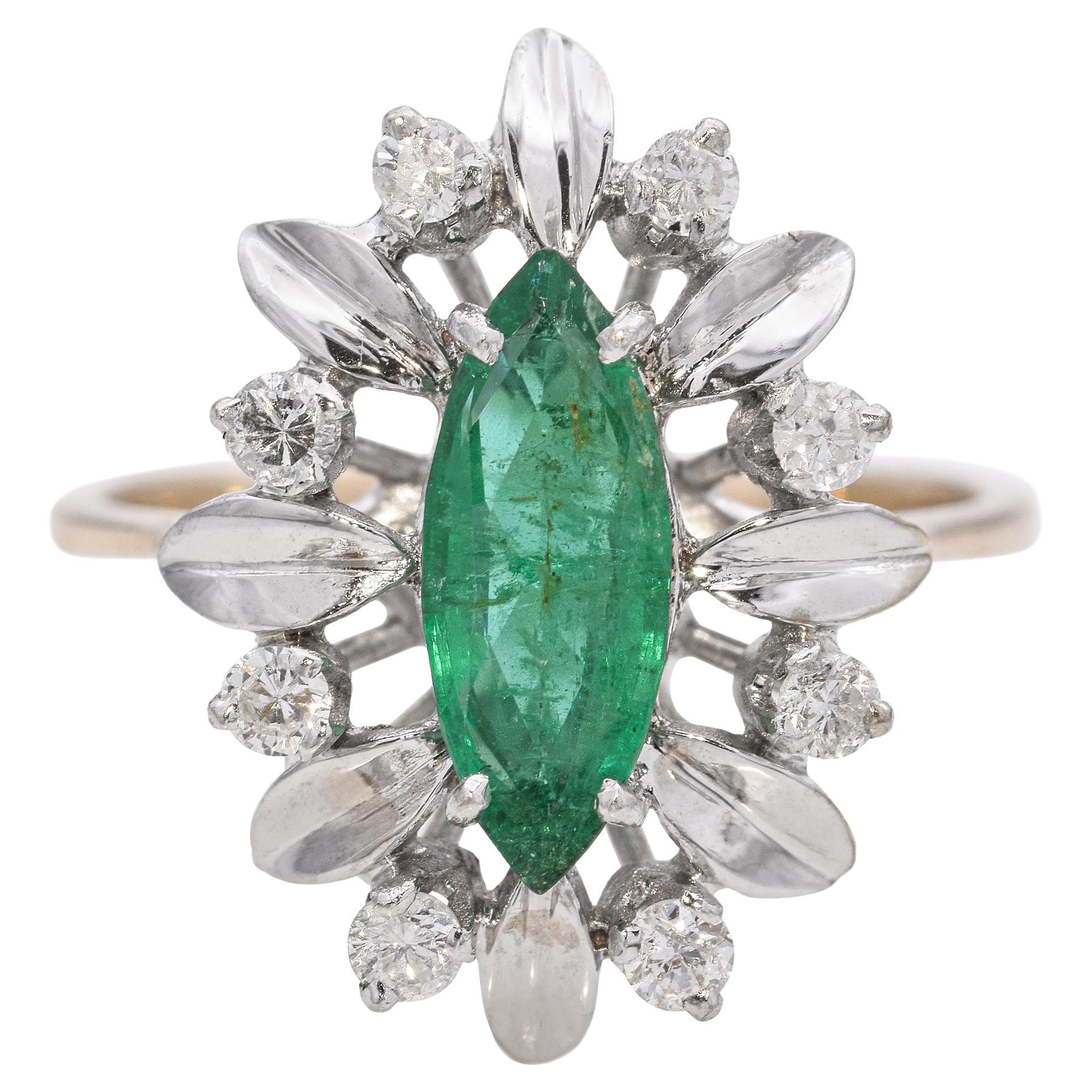 Vintage 18k Yellow Gold Marquise Emerald Diamond Ring