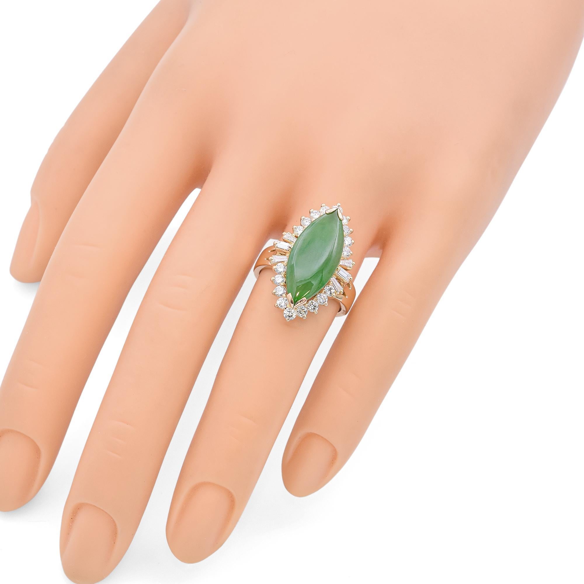 Cabochon Vintage 18k Yellow Gold Marquise Jade and Diamond Halo Ring