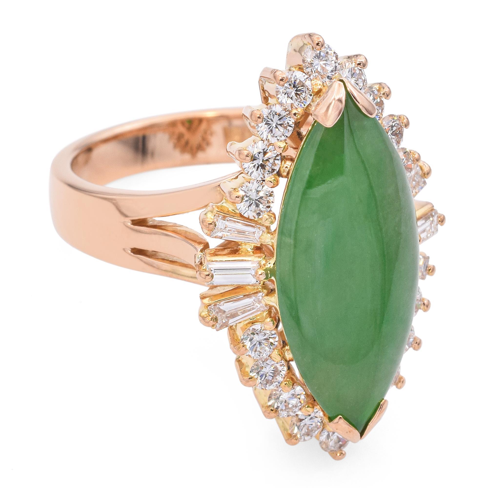 Vintage 18k Yellow Gold Marquise Jade and Diamond Halo Ring 1