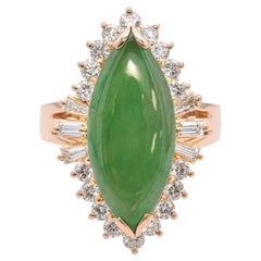 Vintage 18k Yellow Gold Marquise Jade and Diamond Halo Ring