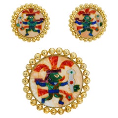 Vintage 18k Yellow Gold Moche Mosaic Pendant and Earrings Set