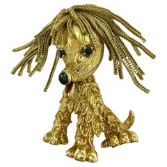 Vintage 18k Yellow Gold Moveable Hound Dog Brooch with Sapphire Eyes