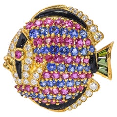Vintage 18k Yellow Gold Multi Gemstone Fish Brooch Pendant