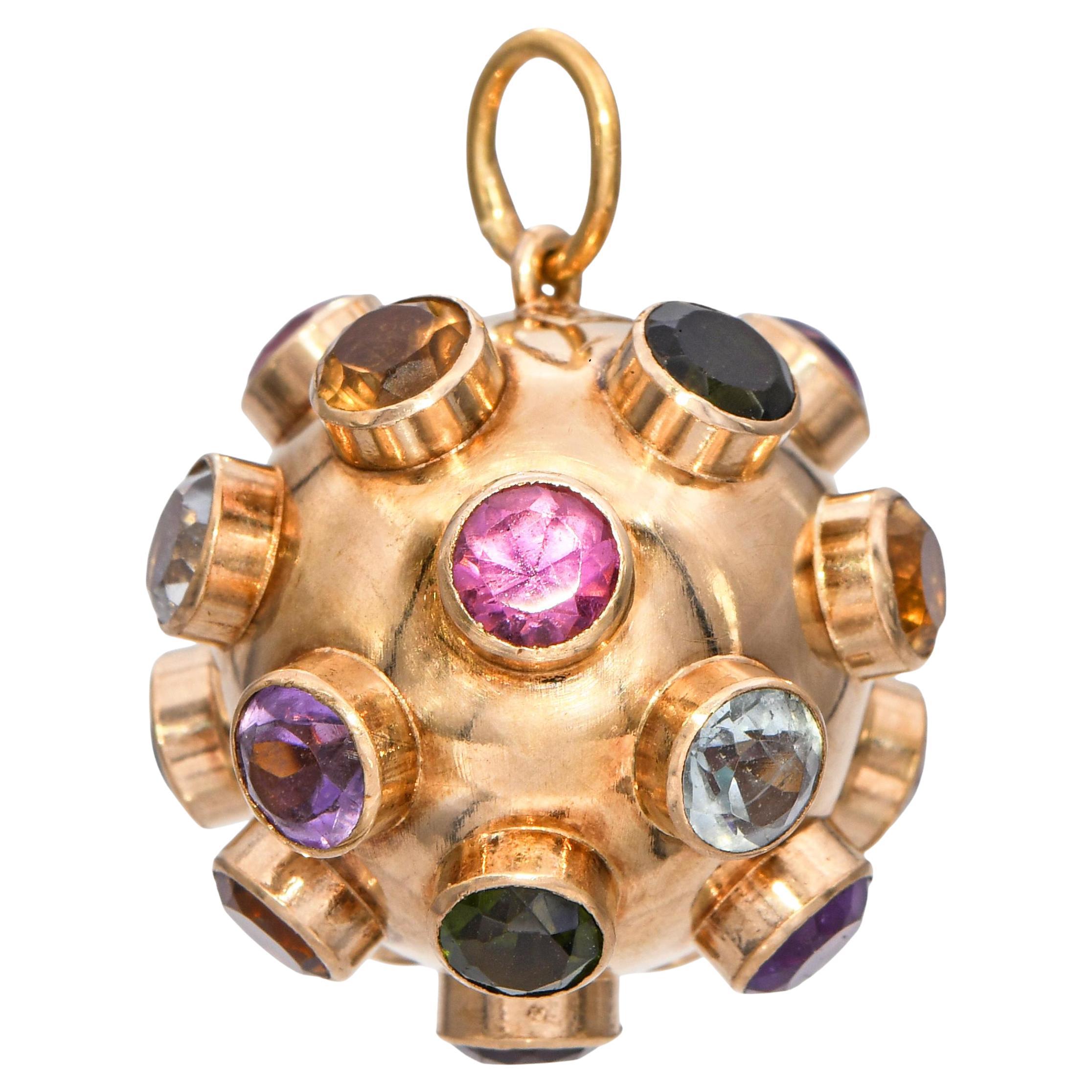 Vintage 18k Yellow Gold Multi Gemstone Sputnik Charm Pendant For Sale