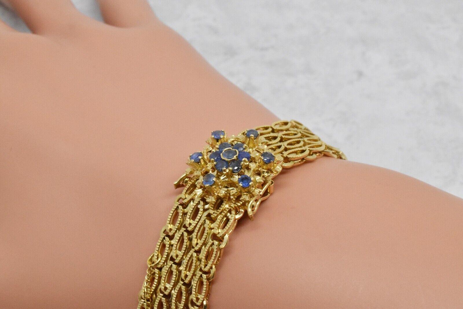 Vintage 18k Gelbgold Mehrreihiges Saphir-Armband & Ohrring Set - 56,4g (Rundschliff) im Angebot