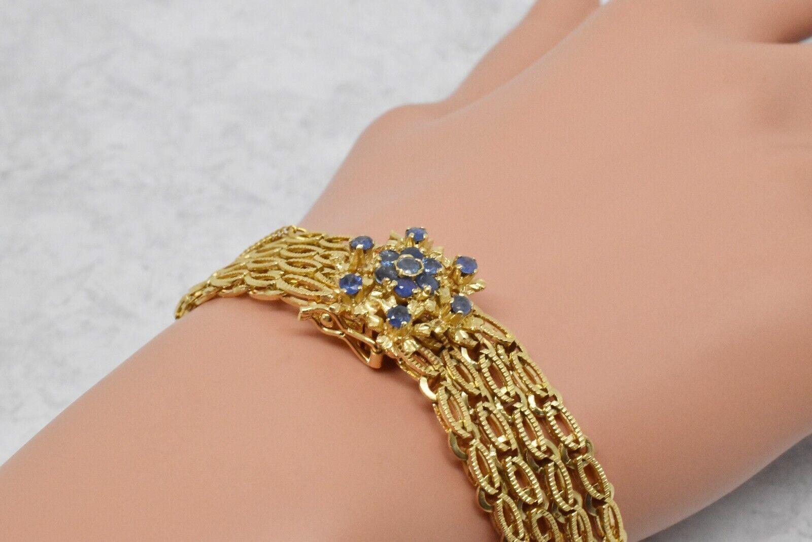 Vintage 18k Gelbgold Mehrreihiges Saphir-Armband & Ohrring Set - 56,4g im Zustand „Gut“ im Angebot in Providence, RI