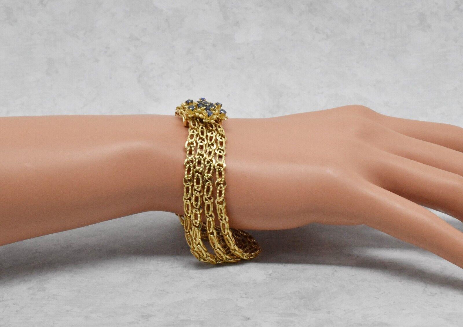 Vintage 18k Gelbgold Mehrreihiges Saphir-Armband & Ohrring Set - 56,4g Damen im Angebot