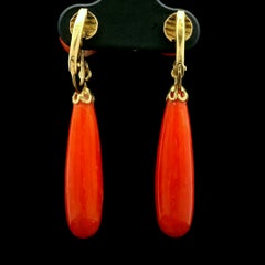 Vintage 18k Yellow Gold Natural Coral Long Dangle Drop Clip-on Earrings