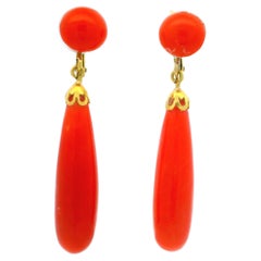 Vintage 18k Yellow Gold Natural Coral Long Dangle Drop Clip-on Earrings