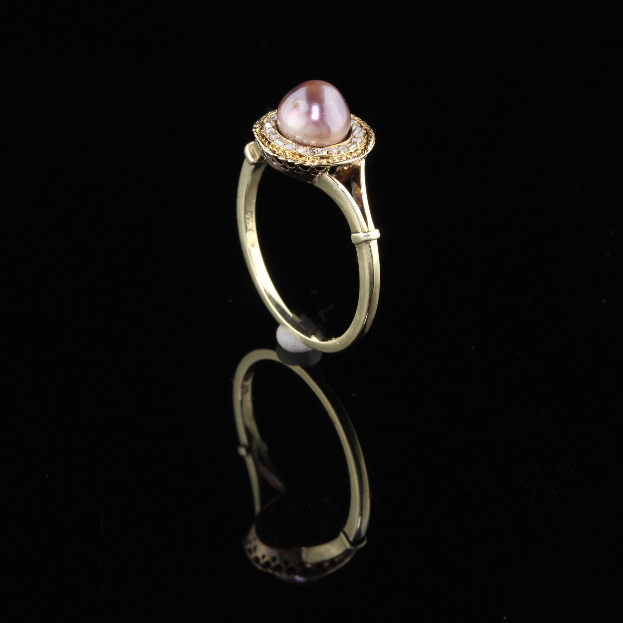 Women's or Men's Vintage 18K Yellow Gold Natural Pearl & Rose Cut Diamond Ring