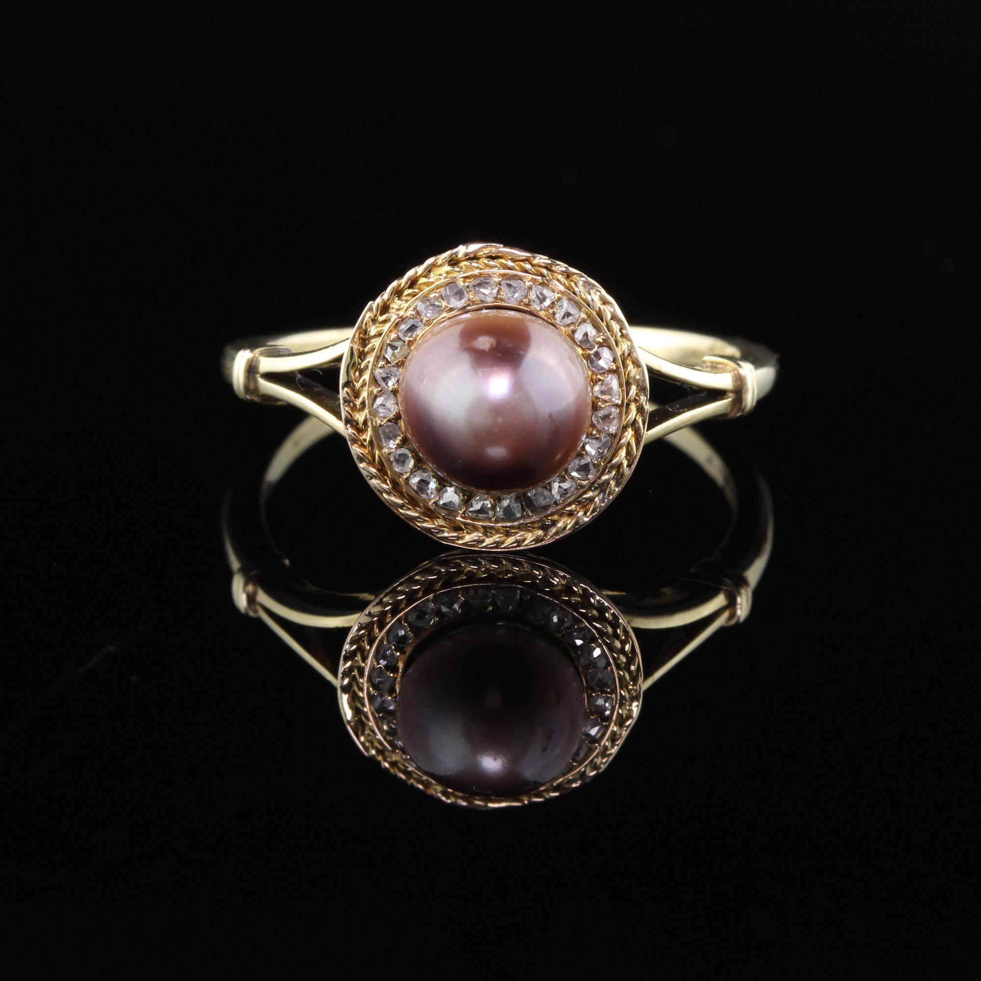 Vintage 18K Yellow Gold Natural Pearl & Rose Cut Diamond Ring 2