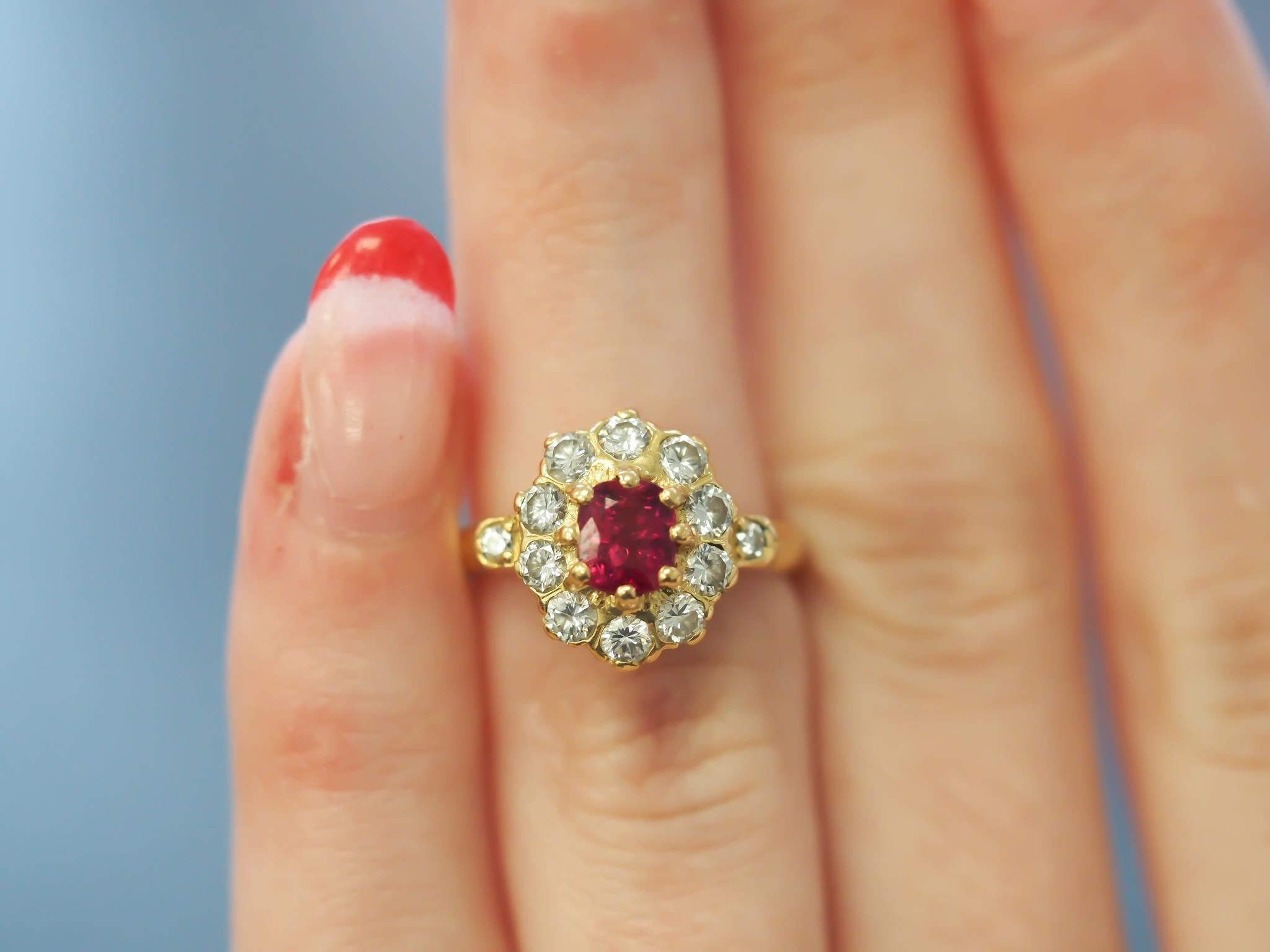Vintage 18K Yellow Gold Natural Ruby and Diamond Halo Ring In Good Condition For Sale In Hicksville, NY