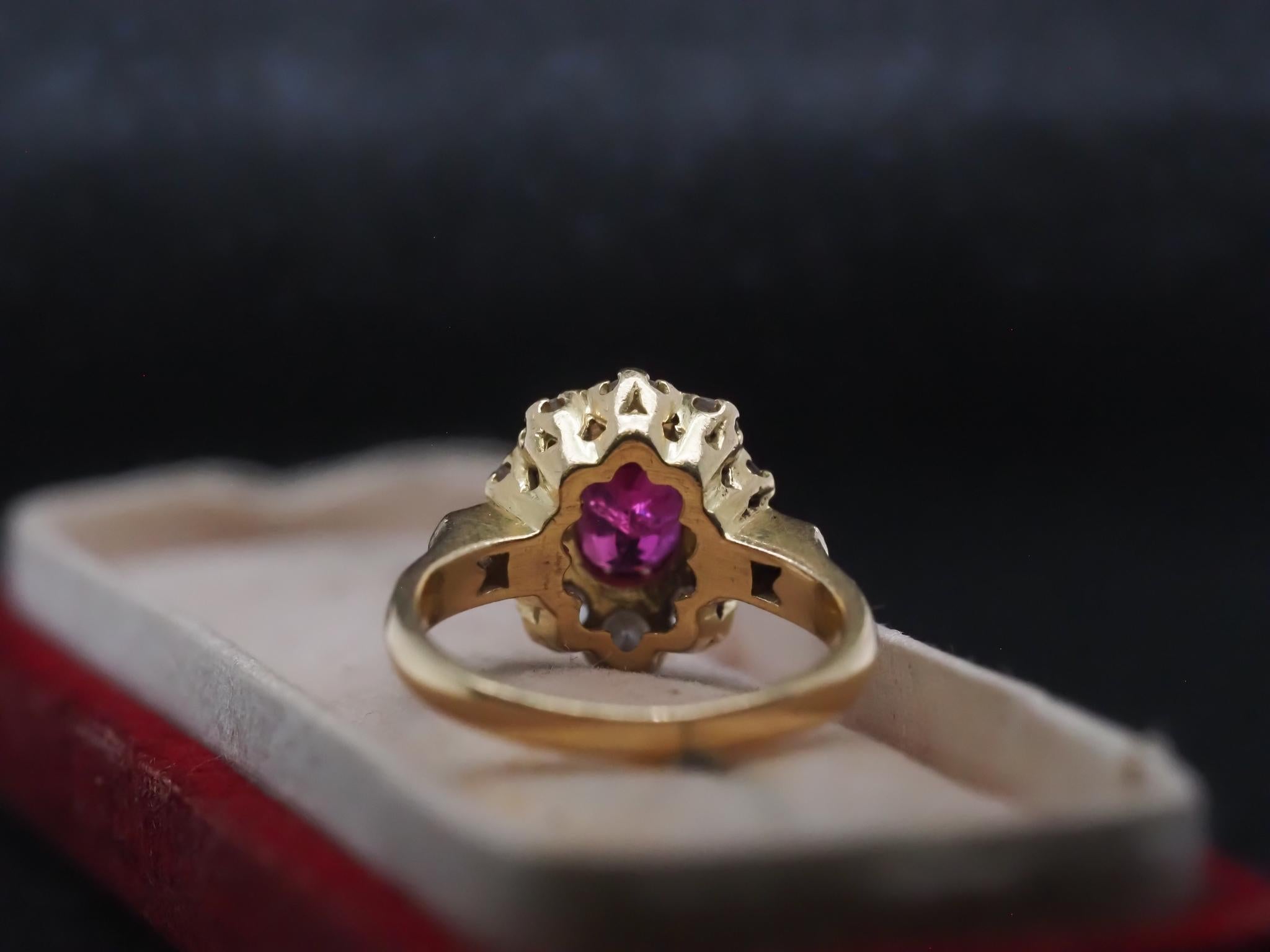 Women's Vintage 18K Yellow Gold Natural Ruby and Diamond Halo Ring For Sale