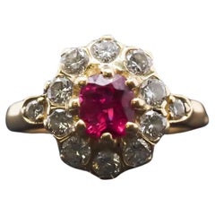 Vintage 18K Yellow Gold Natural Ruby and Diamond Halo Ring