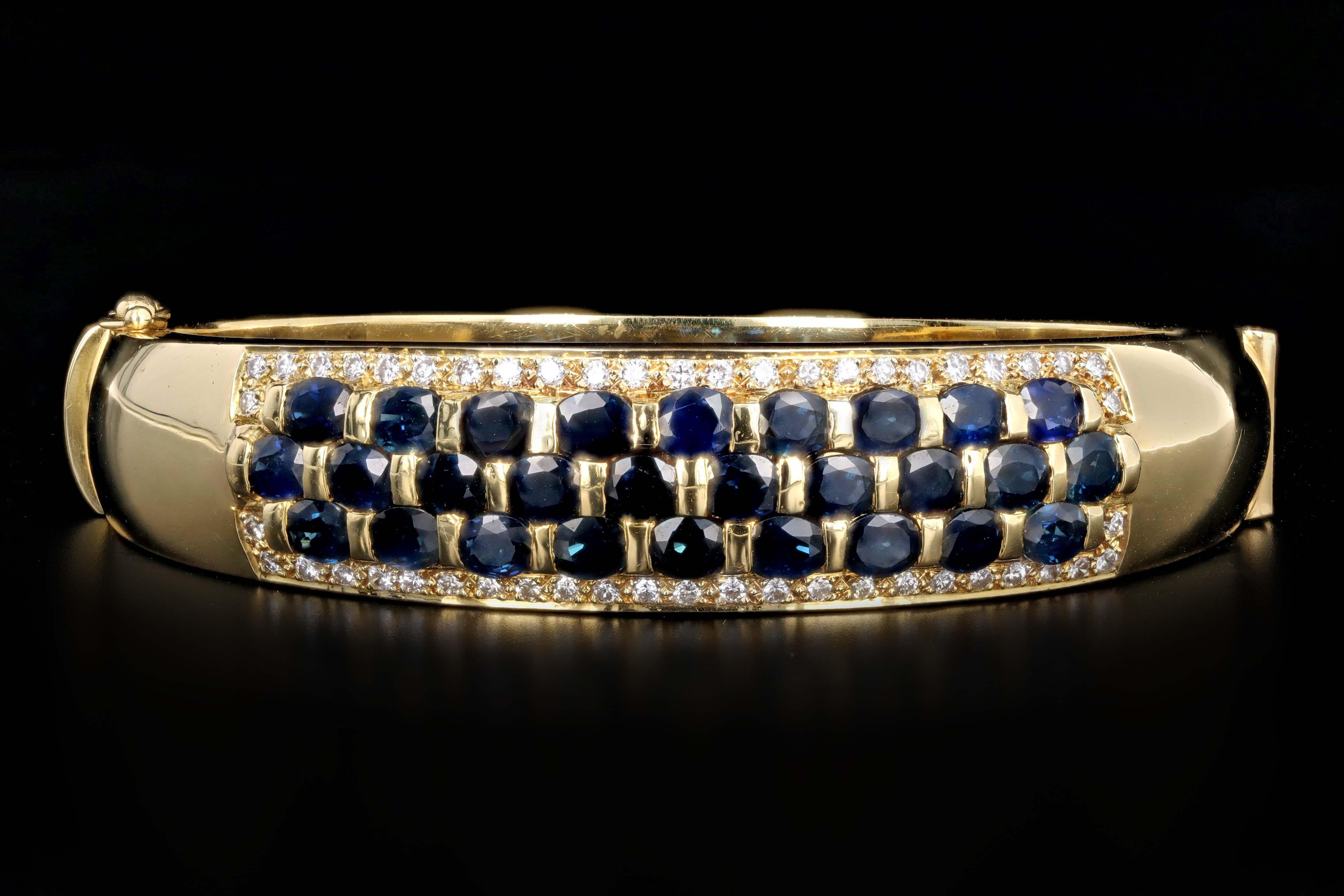 Bracelet jonc vintage en or jaune 18 carats avec saphir naturel et diamants en vente 1